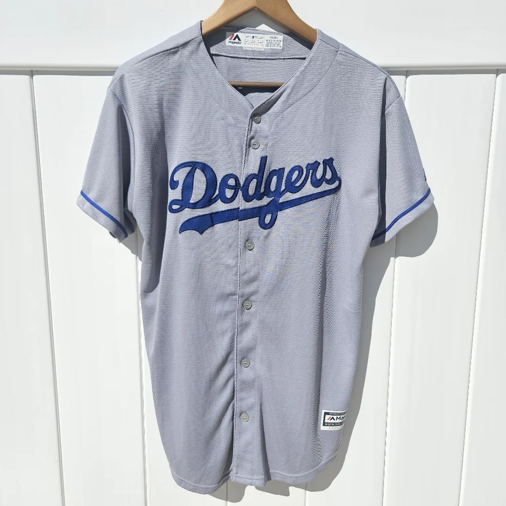 Youth Majestic LA Dodgers Kershaw Gray Button-Up Jersey Youth XL - Picture 2 of 9